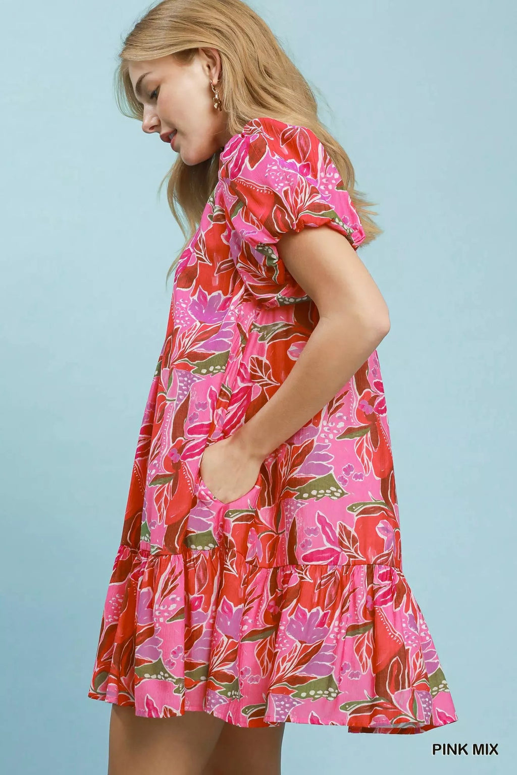 Umgee Tropical Floral Puff Sleeve Tiered Mini Dress - Rooted & Reckless Co.