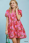 Umgee Tropical Floral Puff Sleeve Tiered Mini Dress - Rooted & Reckless Co.