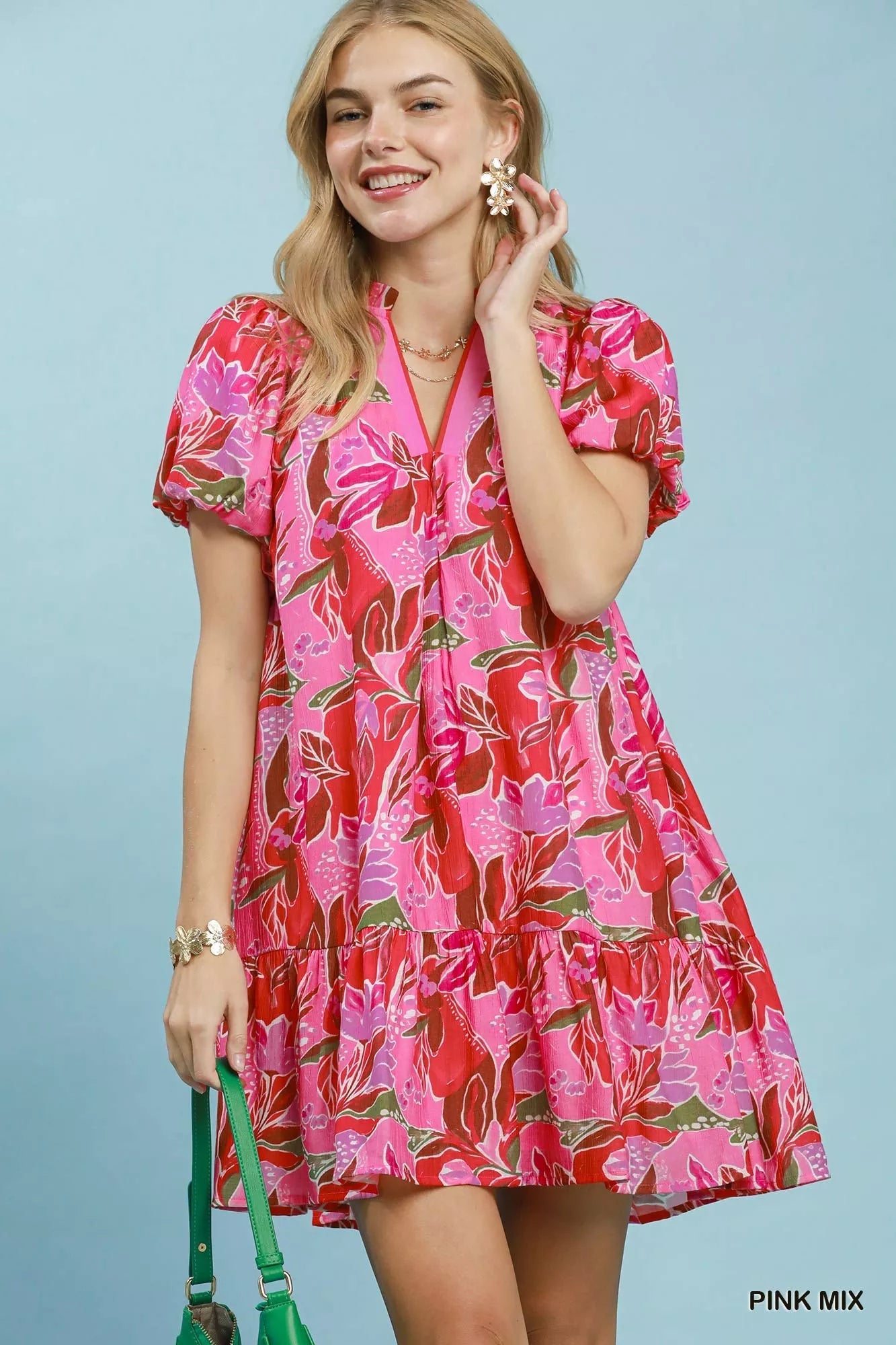 Umgee Tropical Floral Puff Sleeve Tiered Mini Dress - Rooted & Reckless Co.