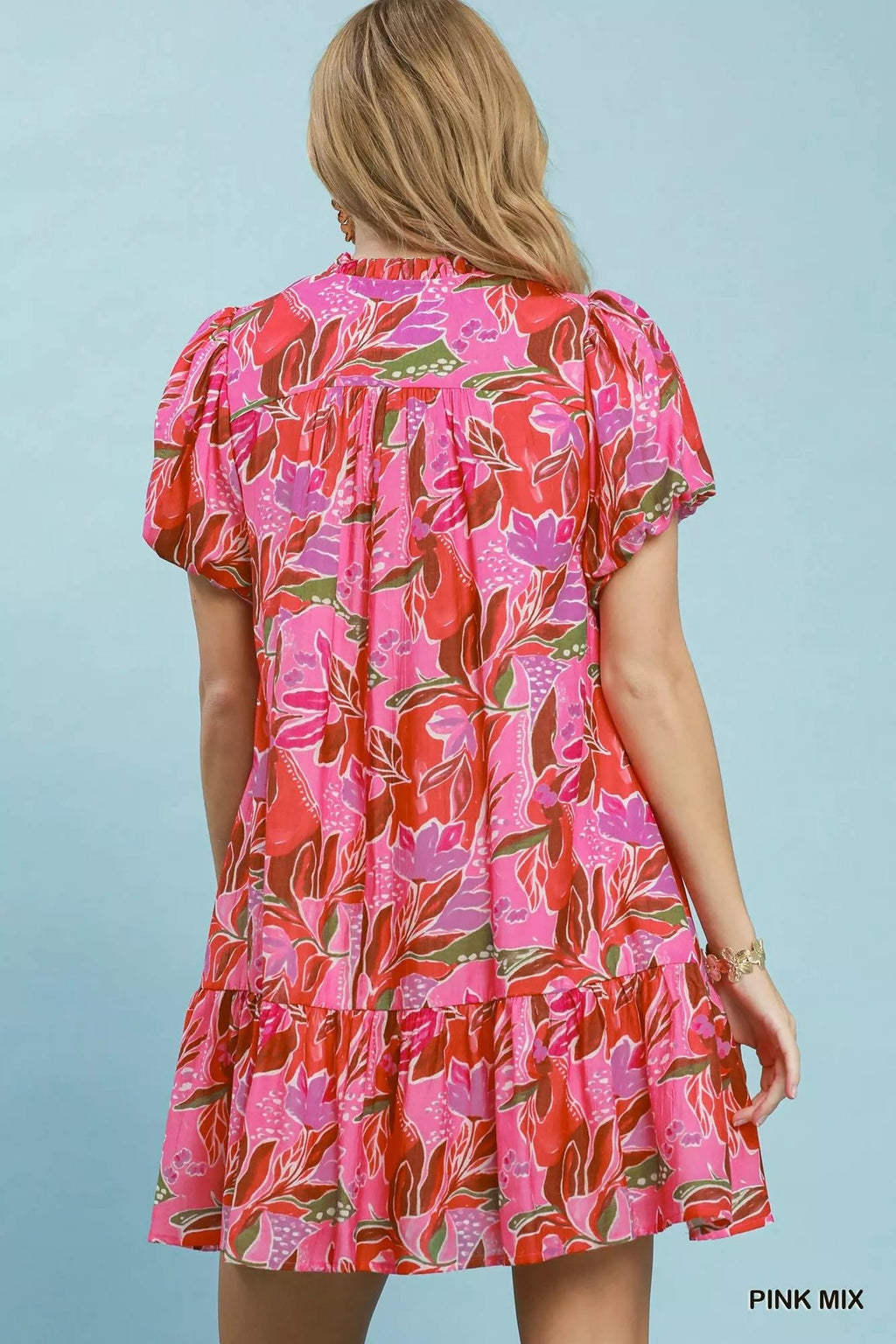 Umgee Tropical Floral Puff Sleeve Tiered Mini Dress - Rooted & Reckless Co.
