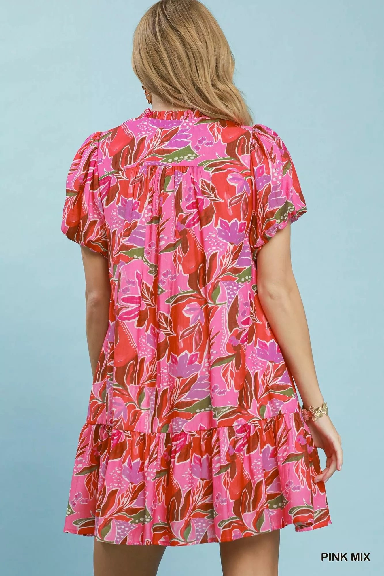 Umgee Tropical Floral Puff Sleeve Tiered Mini Dress - Rooted & Reckless Co.