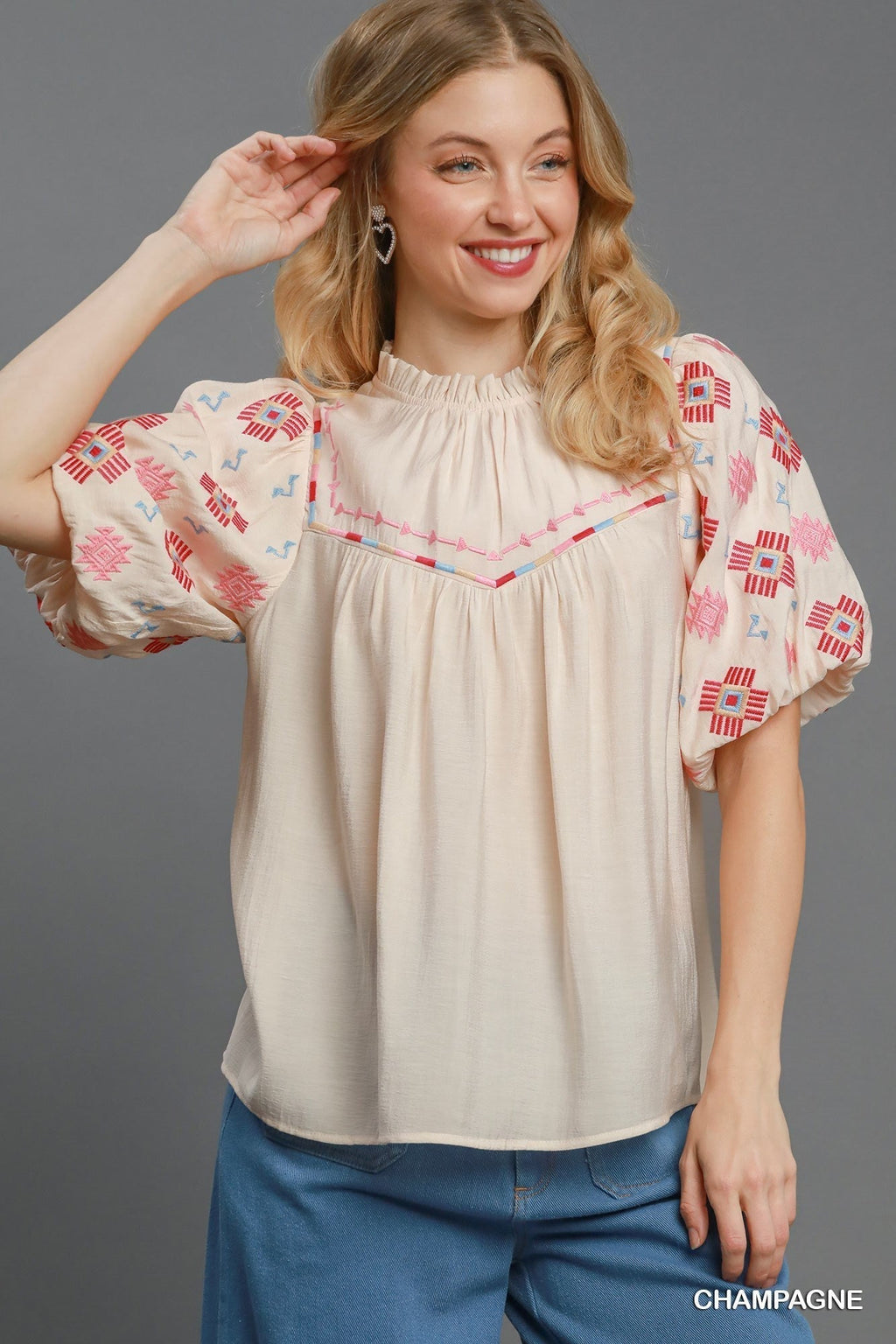 Umgee "Zia" Western Embroidered Blouse — Flowy Woven High Neck with Bubble Sleeves & Embroidered Yoke (small and medium remain) - Rooted & Reckless Co.