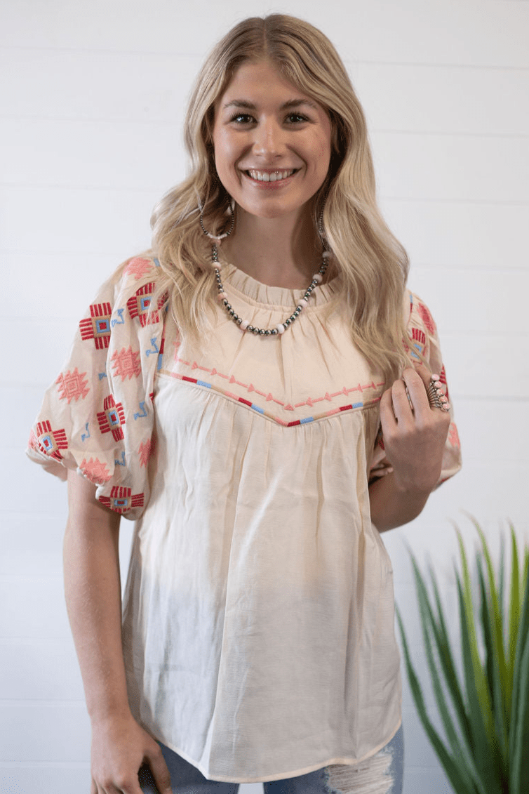 Umgee "Zia" Western Embroidered Blouse — Flowy Woven High Neck with Bubble Sleeves & Embroidered Yoke (small and medium remain) - Rooted & Reckless Co.