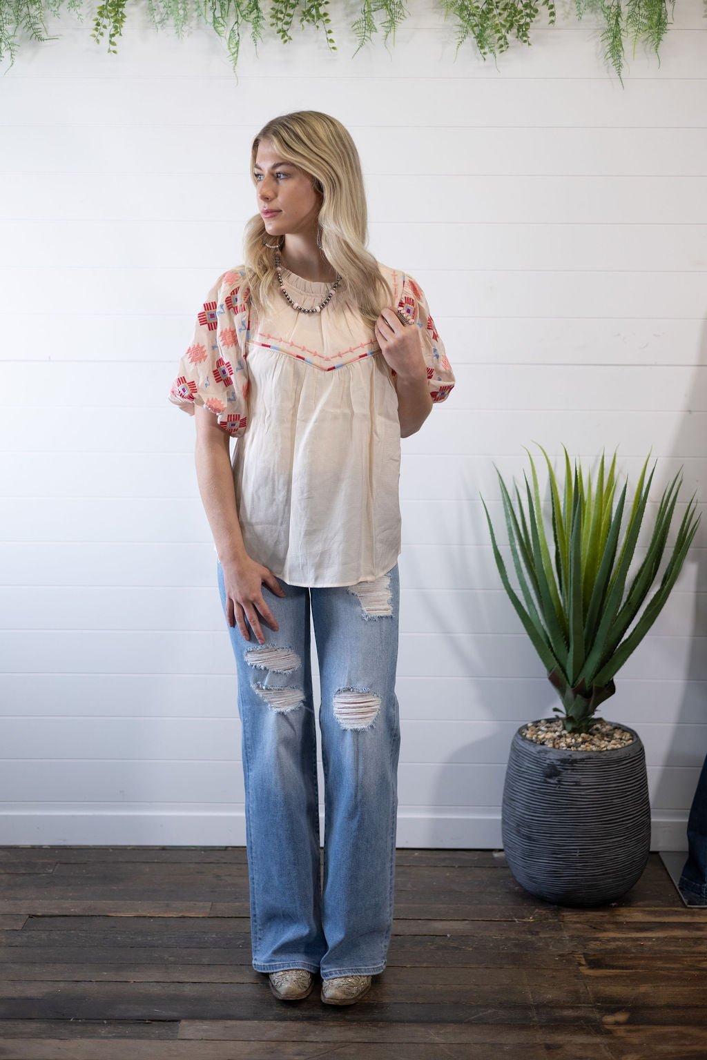 Umgee "Zia" Western Embroidered Blouse — Flowy Woven High Neck with Bubble Sleeves & Embroidered Yoke (small and medium remain) - Rooted & Reckless Co.