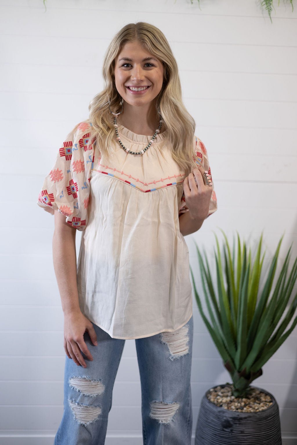 Umgee "Zia" Western Embroidered Blouse — Flowy Woven High Neck with Bubble Sleeves & Embroidered Yoke (small and medium remain) - Rooted & Reckless Co.