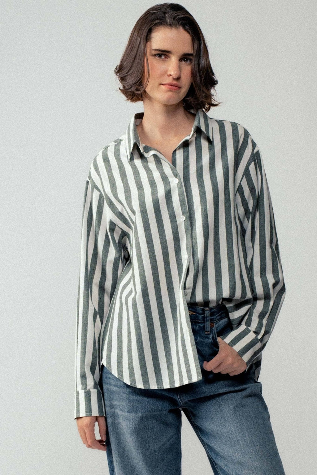 Urban Daizy "Outlaw" Western Striped Button-Down Collared Shirt — Brown & Olive 100% Cotton Oversized Fit - Rooted & Reckless Co.