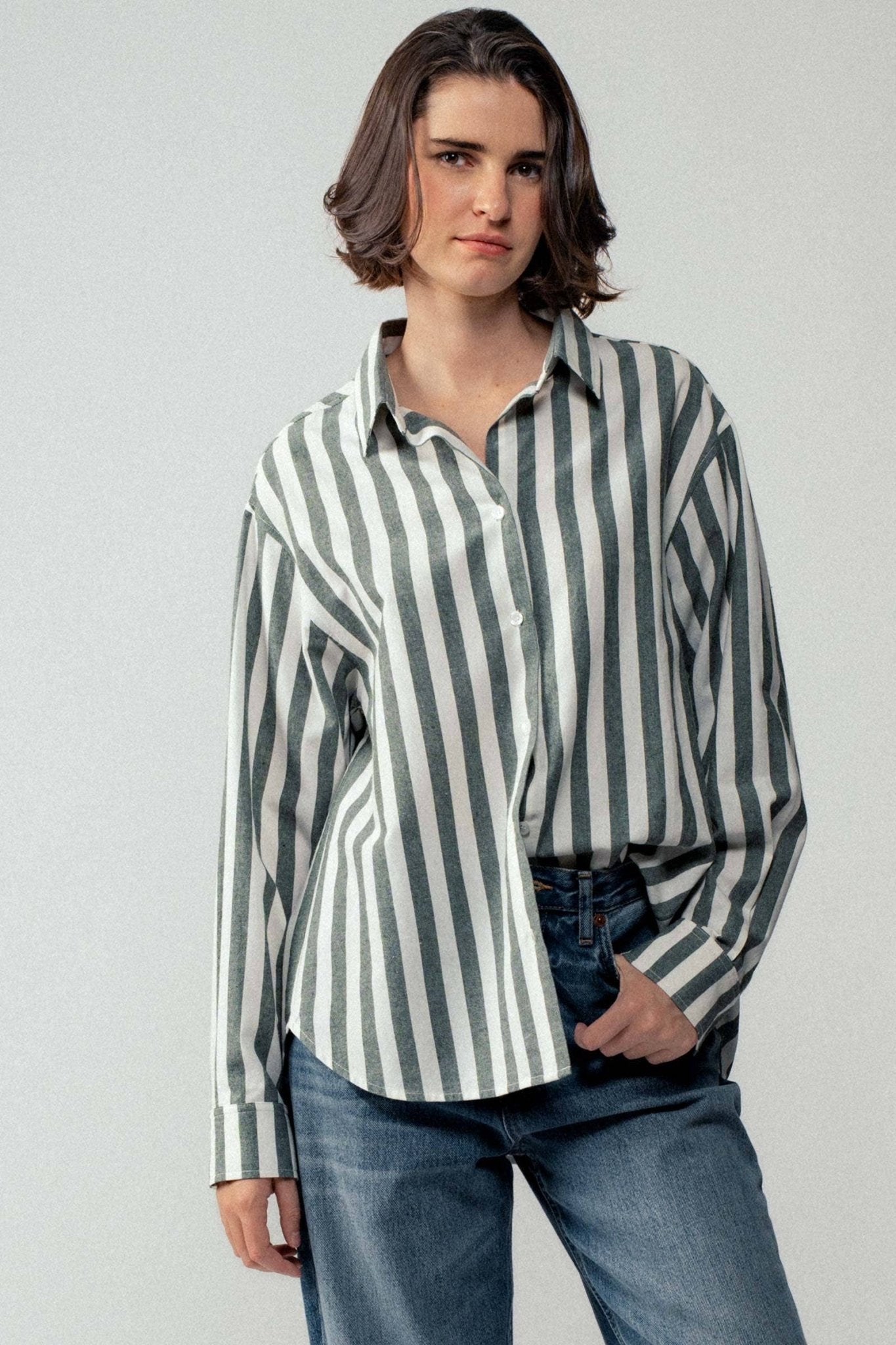Urban Daizy "Outlaw" Western Striped Button-Down Collared Shirt — Brown & Olive 100% Cotton Oversized Fit - Rooted & Reckless Co.