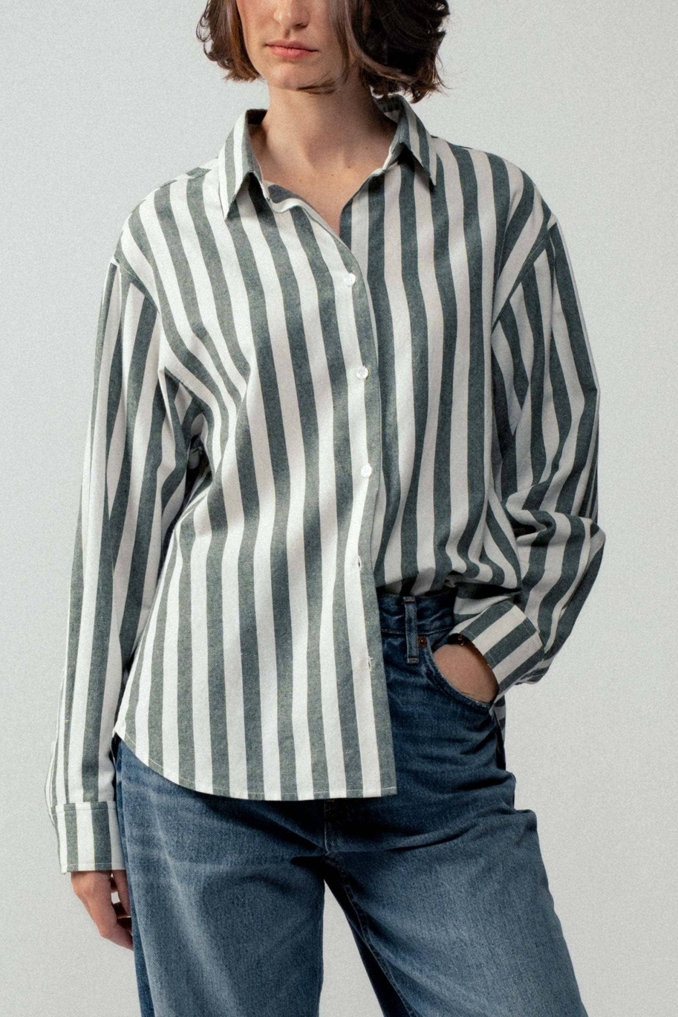 Urban Daizy "Outlaw" Western Striped Button-Down Collared Shirt — Brown & Olive 100% Cotton Oversized Fit - Rooted & Reckless Co.