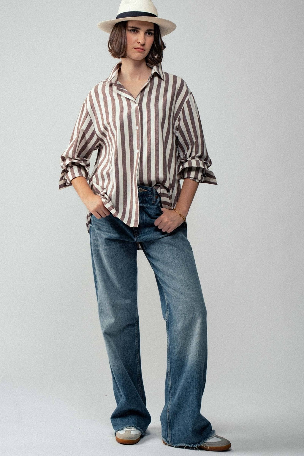 Urban Daizy "Outlaw" Western Striped Button-Down Collared Shirt — Brown & Olive 100% Cotton Oversized Fit - Rooted & Reckless Co.