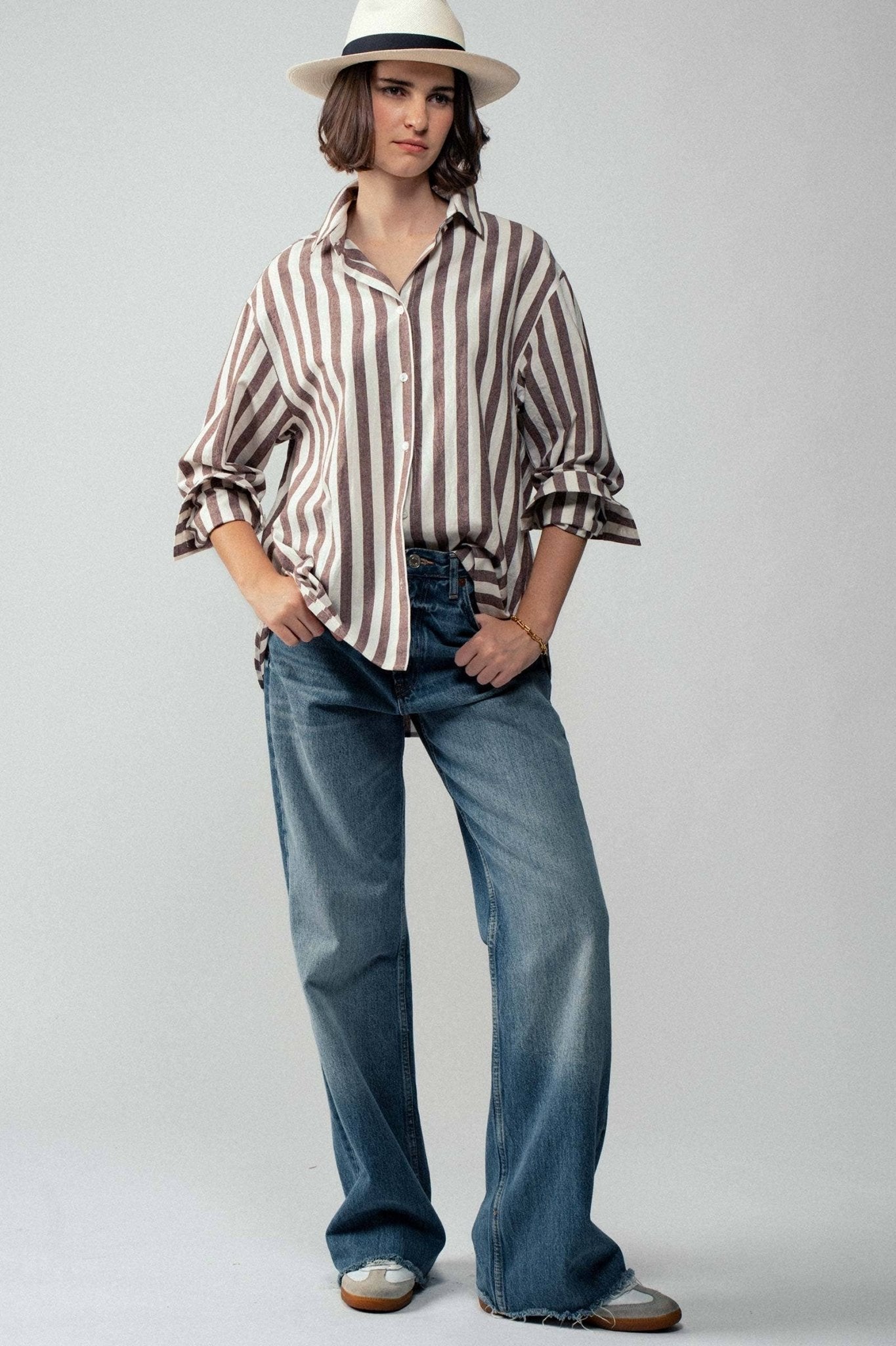 Urban Daizy "Outlaw" Western Striped Button-Down Collared Shirt — Brown & Olive 100% Cotton Oversized Fit - Rooted & Reckless Co.