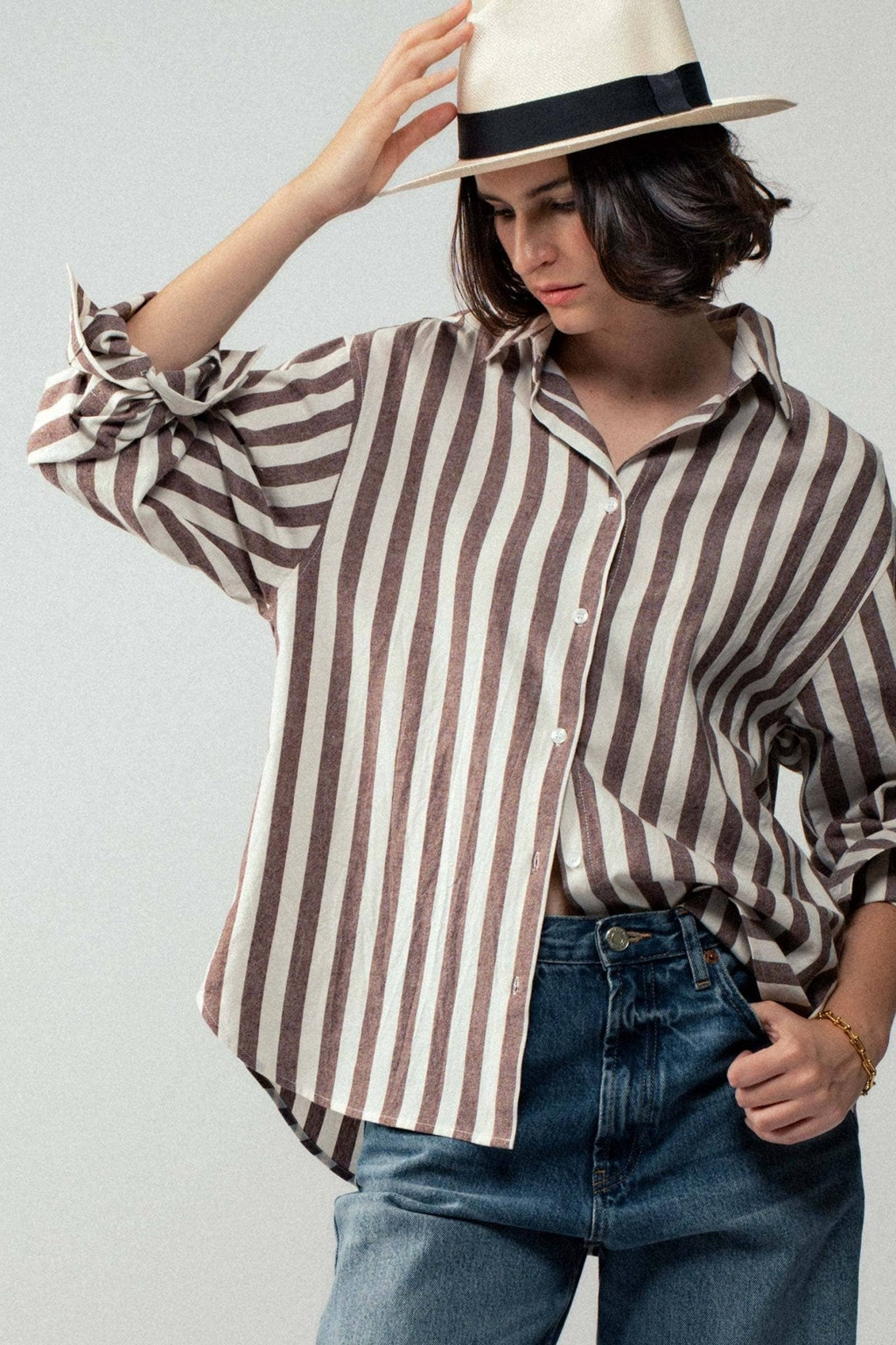 Urban Daizy "Outlaw" Western Striped Button-Down Collared Shirt — Brown & Olive 100% Cotton Oversized Fit - Rooted & Reckless Co.