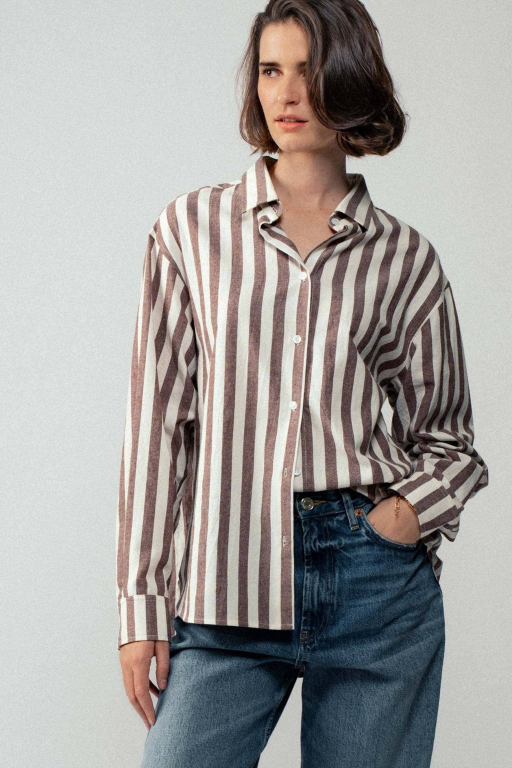 Urban Daizy "Outlaw" Western Striped Button-Down Collared Shirt — Brown & Olive 100% Cotton Oversized Fit - Rooted & Reckless Co.