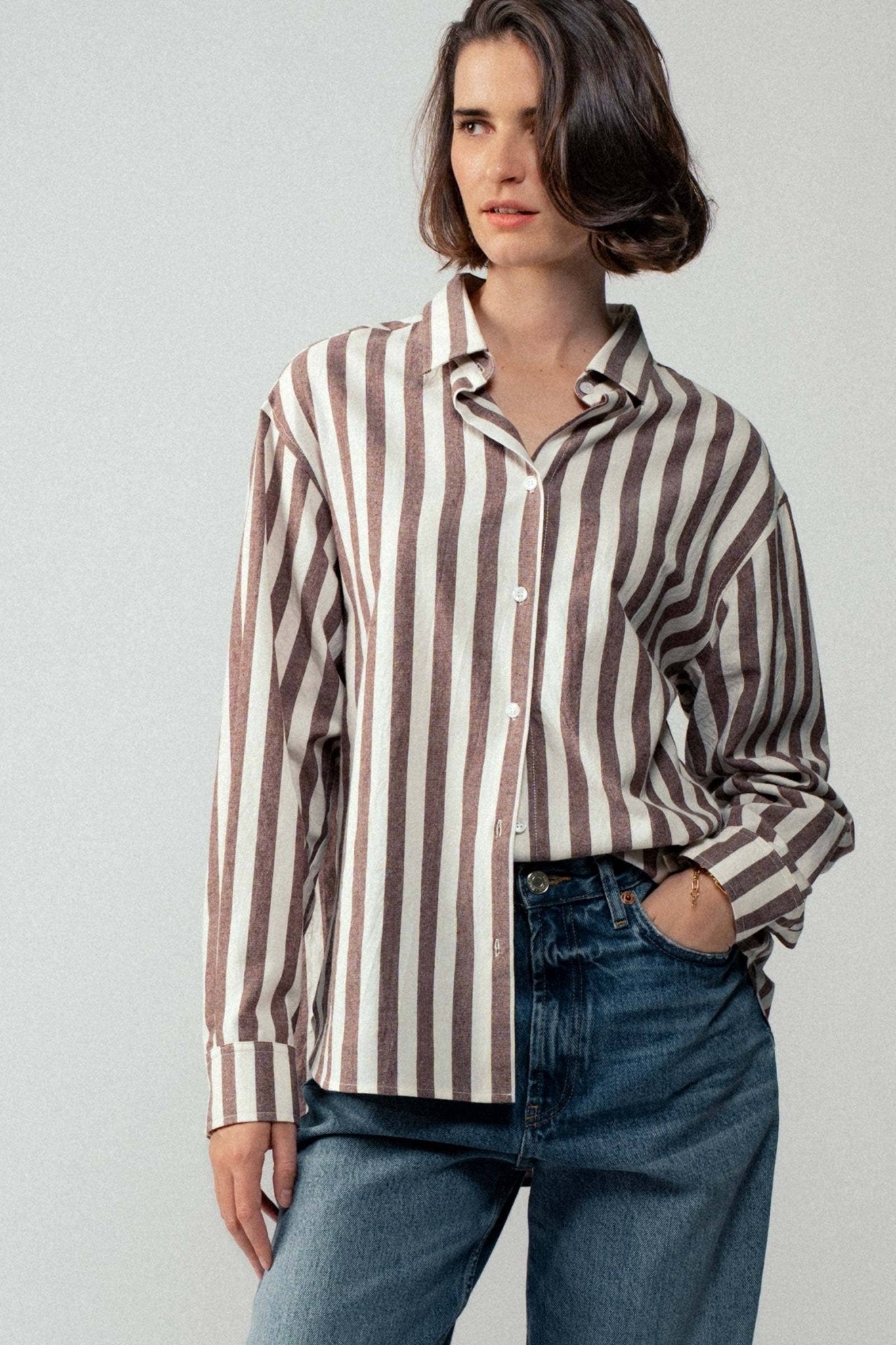 Urban Daizy "Outlaw" Western Striped Button-Down Collared Shirt — Brown & Olive 100% Cotton Oversized Fit - Rooted & Reckless Co.