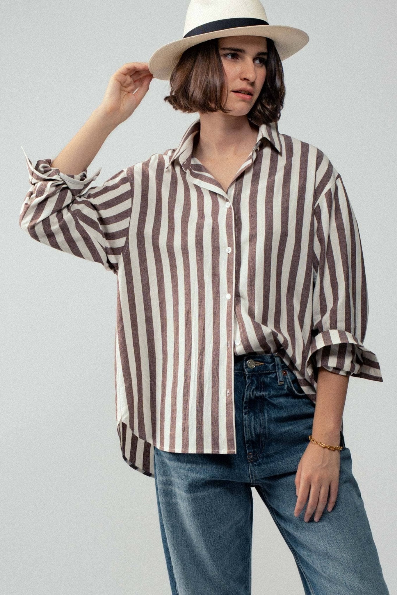 Urban Daizy "Outlaw" Western Striped Button-Down Collared Shirt — Brown & Olive 100% Cotton Oversized Fit - Rooted & Reckless Co.