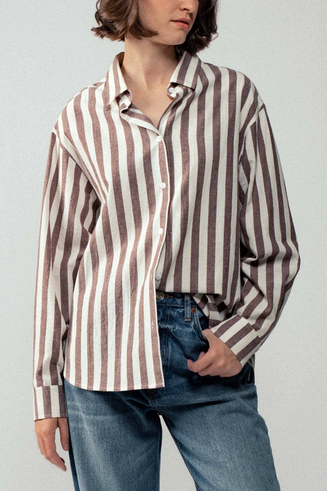 Urban Daizy "Outlaw" Western Striped Button-Down Collared Shirt — Brown & Olive 100% Cotton Oversized Fit - Rooted & Reckless Co.