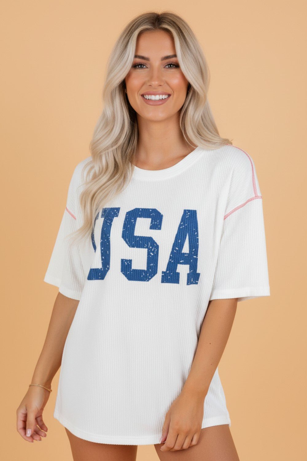 USA Corded Knit Short Sleeve Graphic Top - Rooted & Reckless Co.