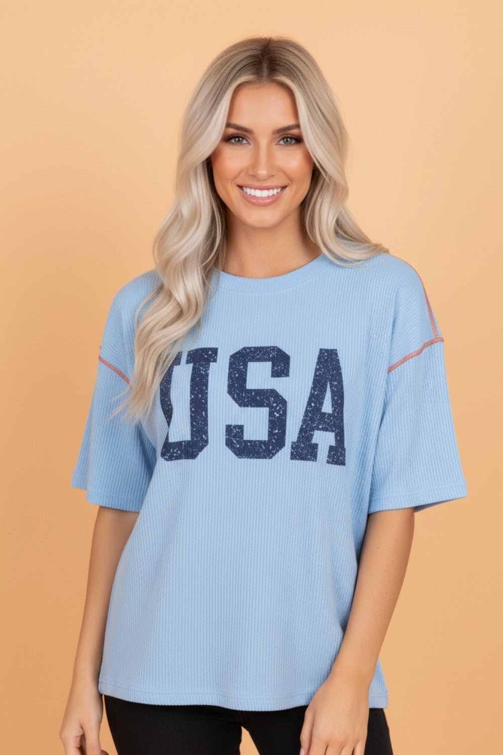 USA Corded Knit Short Sleeve Graphic Top - Rooted & Reckless Co.
