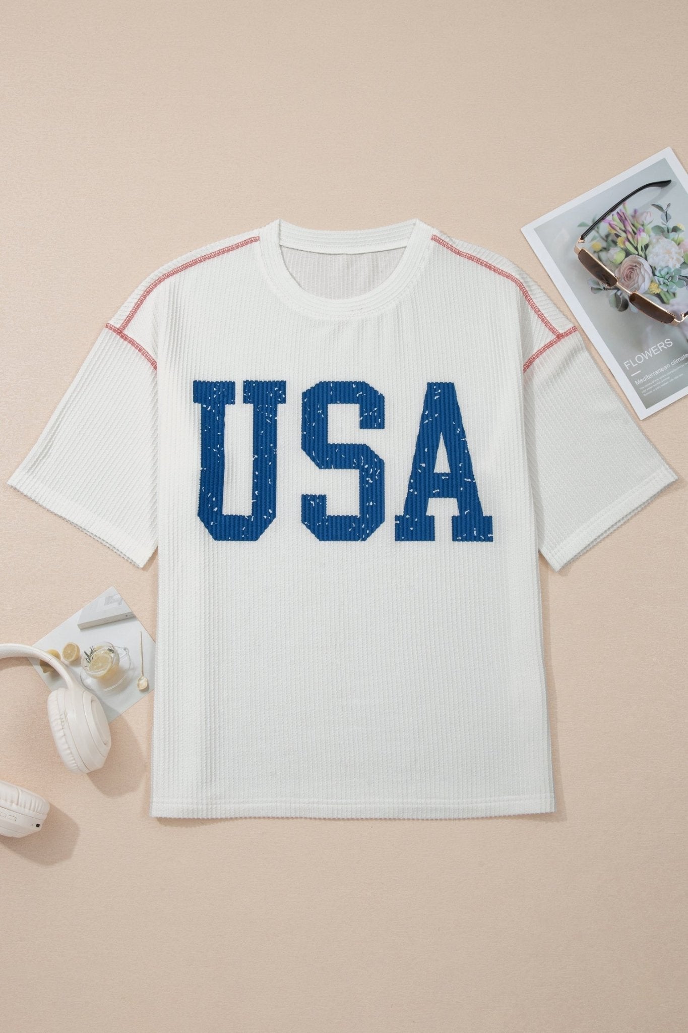 USA Corded Knit Short Sleeve Graphic Top - Rooted & Reckless Co.