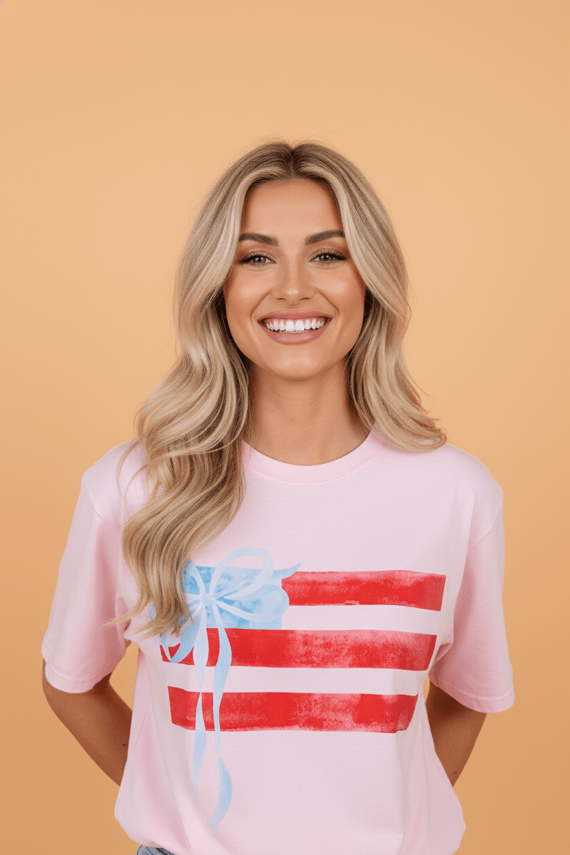 USA Flag Bow Crewneck Graphic Tee - Rooted & Reckless Co.