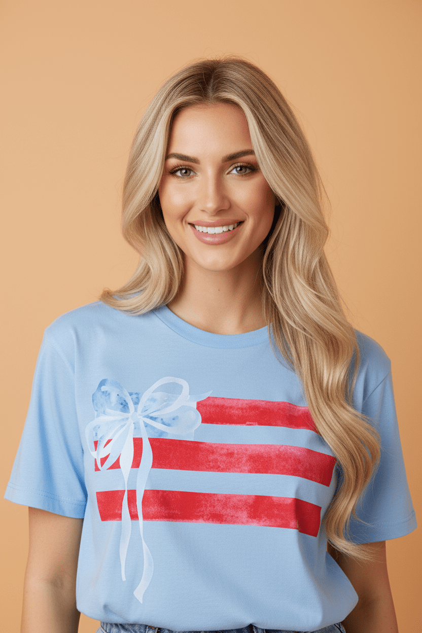 USA Flag Bow Crewneck Graphic Tee - Rooted & Reckless Co.