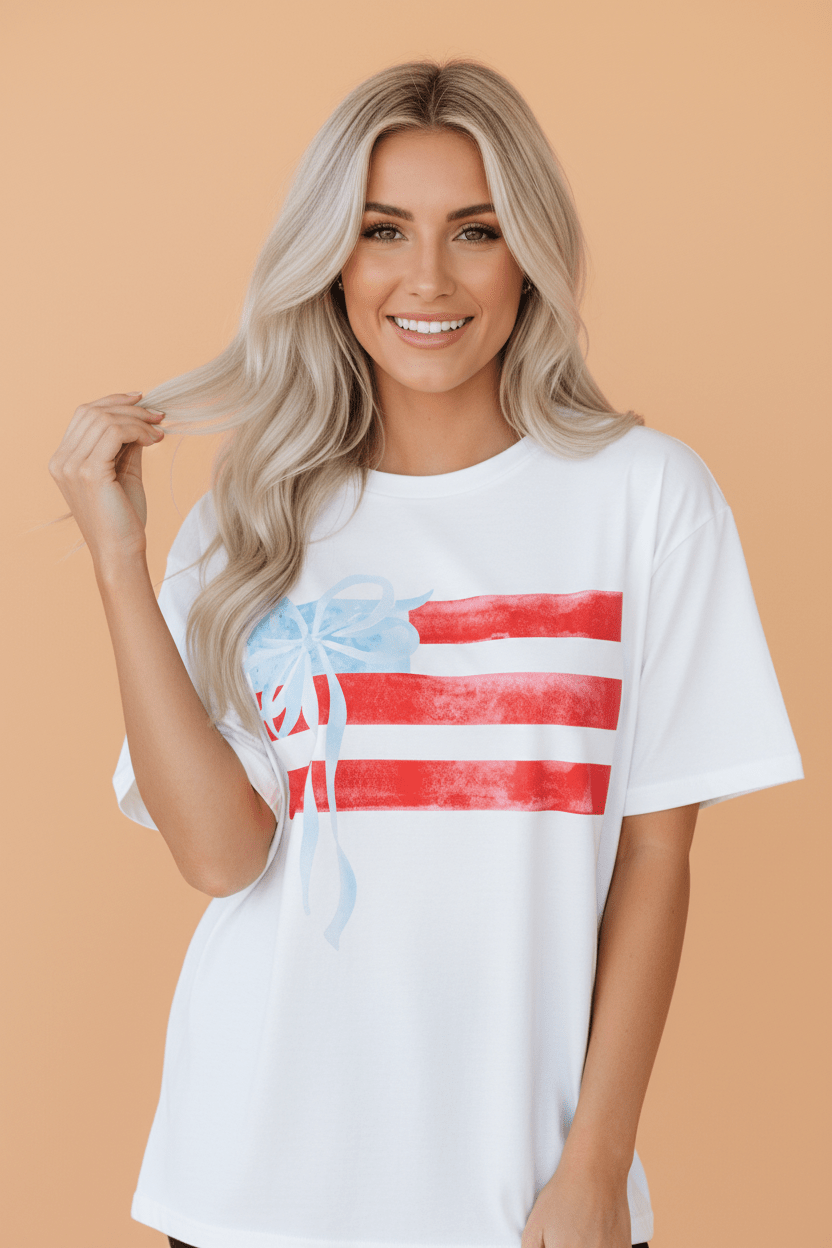 USA Flag Bow Crewneck Graphic Tee - Rooted & Reckless Co.