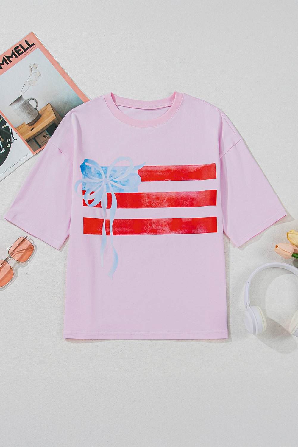 USA Flag Bow Crewneck Graphic Tee - Rooted & Reckless Co.