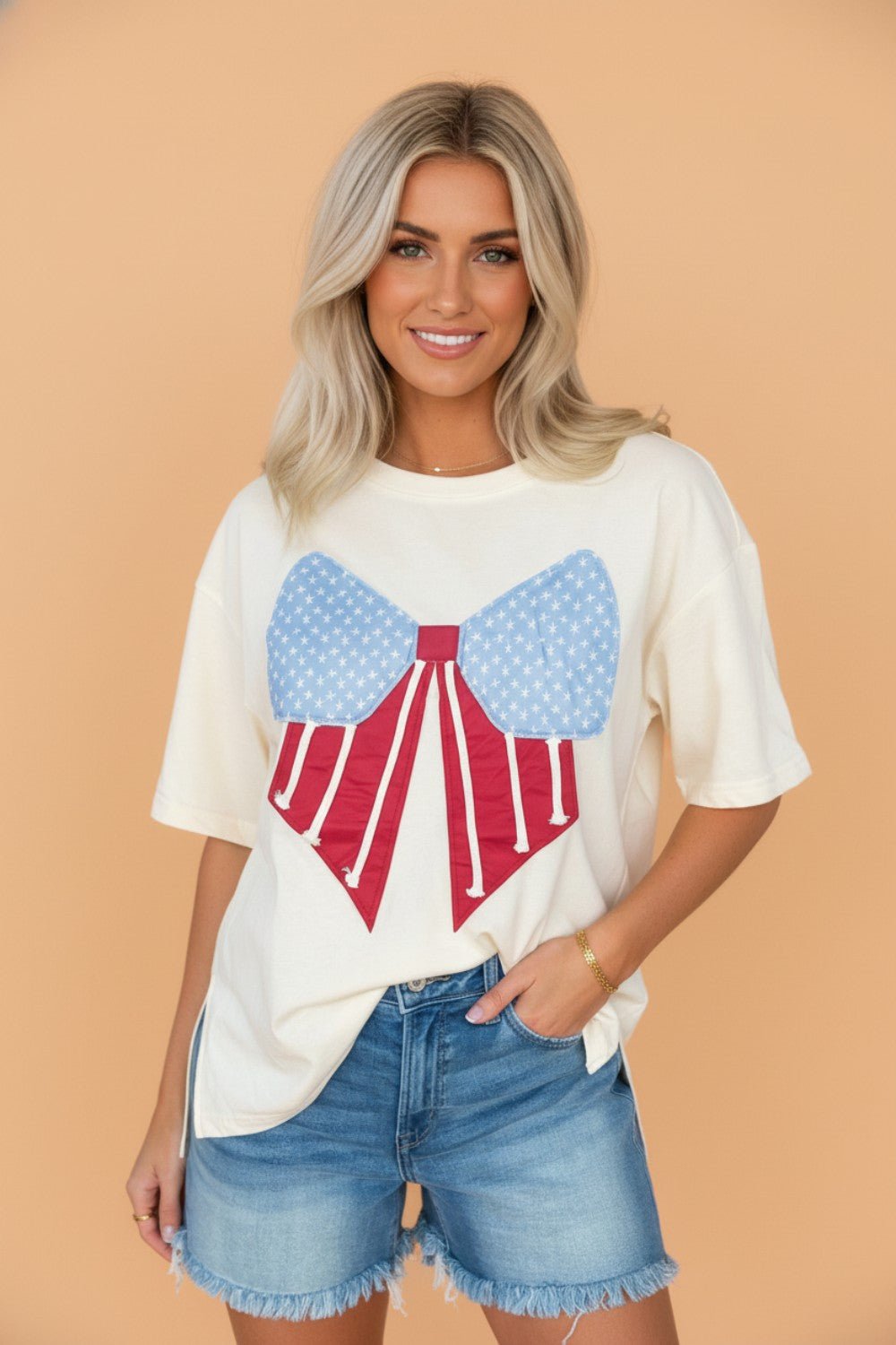 USA Flag Bow Patch Loose Knit T-Shirt - Rooted & Reckless Co.