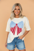 USA Flag Bow Patch Loose Knit T-Shirt - Rooted & Reckless Co.