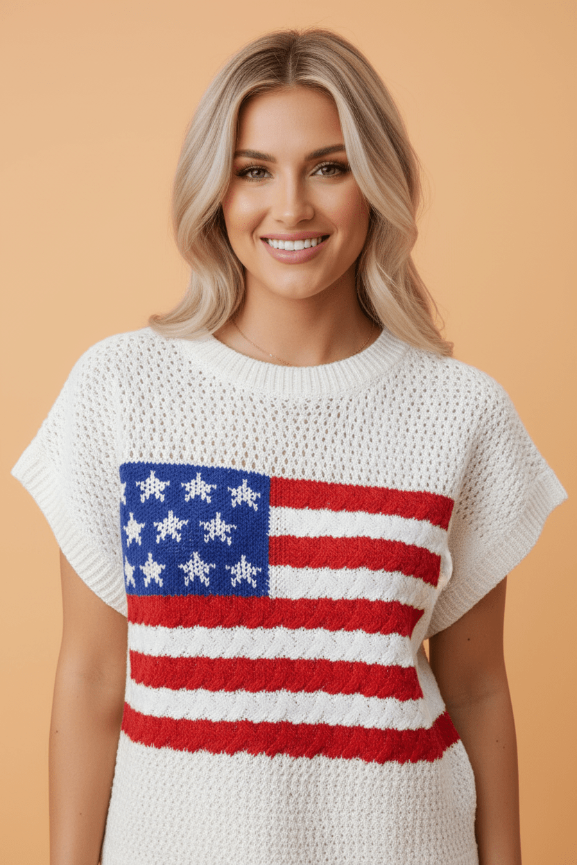 USA Flag Crochet Short Sleeve Sweater Top - Rooted & Reckless Co.