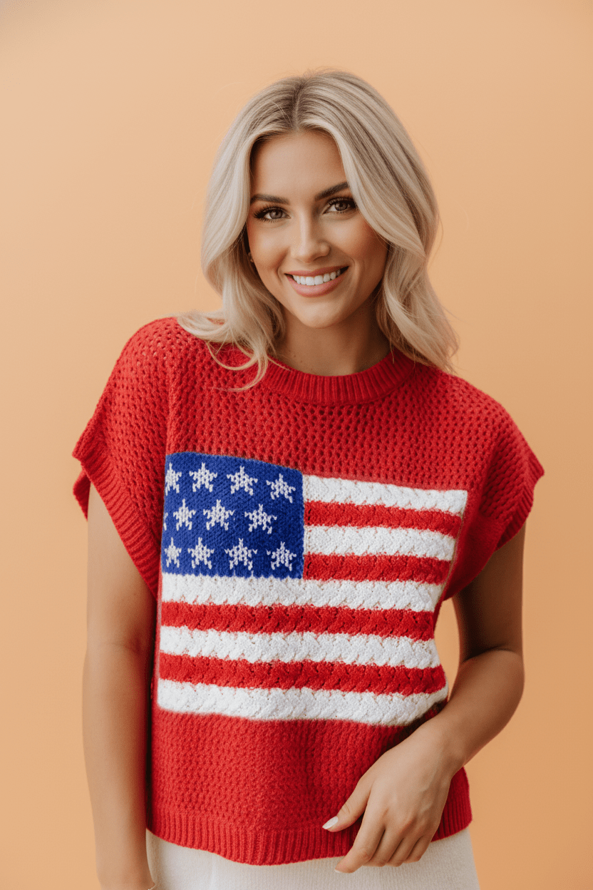 USA Flag Crochet Short Sleeve Sweater Top - Rooted & Reckless Co.