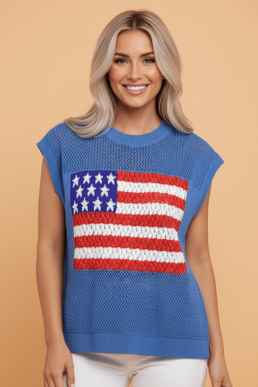 USA Flag Crochet Short Sleeve Sweater Top - Rooted & Reckless Co.