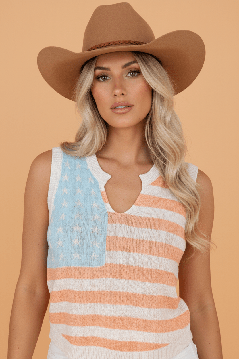 USA Flag Notch Neck Sleeveless Sweater Top - Rooted & Reckless Co.