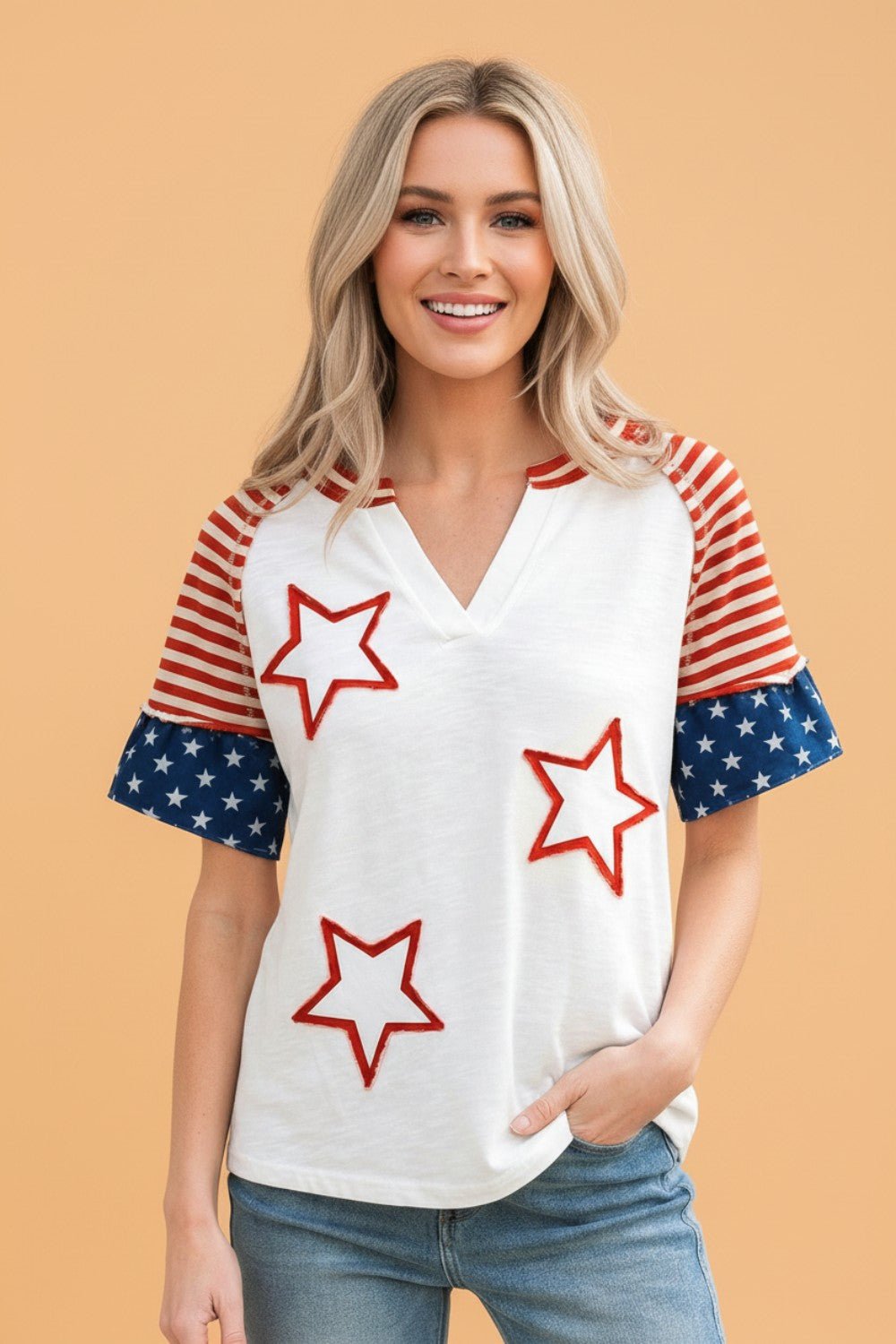 USA Flag Star Patchwork Short Sleeve Top - Rooted & Reckless Co.