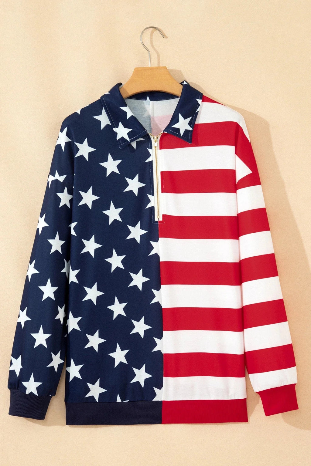 USA Flag Stars & Stripes Zip Collar Oversized Sweatshirt - Rooted & Reckless Co.