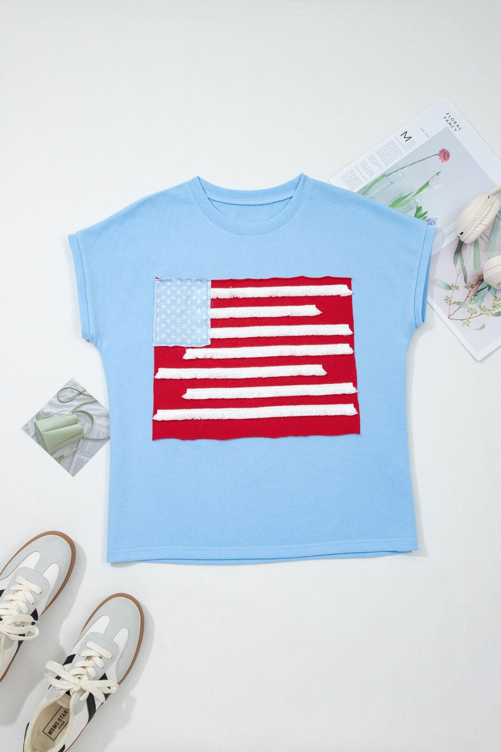 USA Flag Textured Patchwork Cap Sleeve Tee - Rooted & Reckless Co.