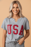 USA Patch Lettering Notch Neck Short Sleeve Tee - Rooted & Reckless Co.