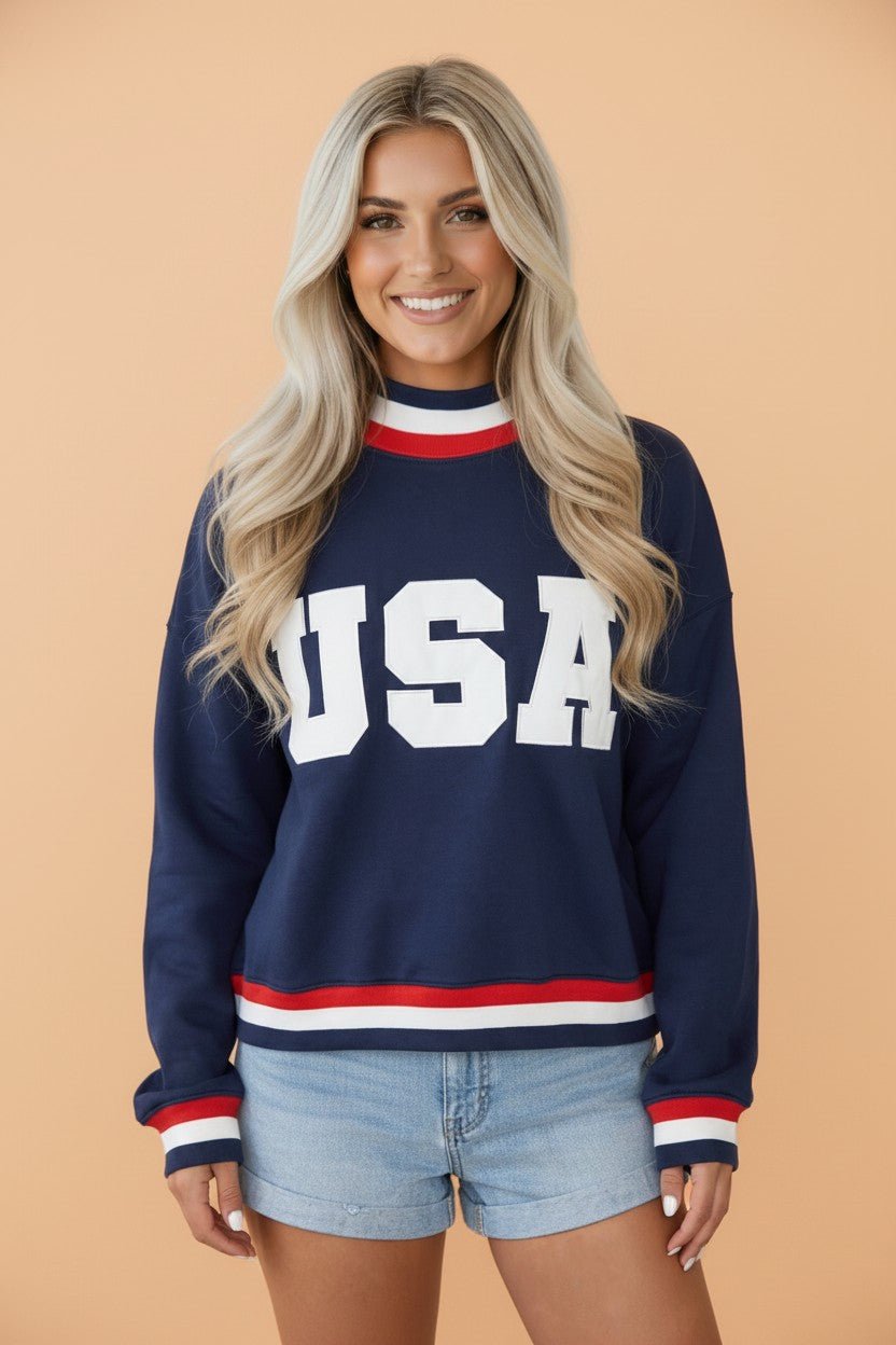 USA Slogan Patch Embroidery Colorblock High Neck Sweatshirt - Rooted & Reckless Co.