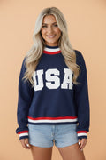 USA Slogan Patch Embroidery Colorblock High Neck Sweatshirt - Rooted & Reckless Co.
