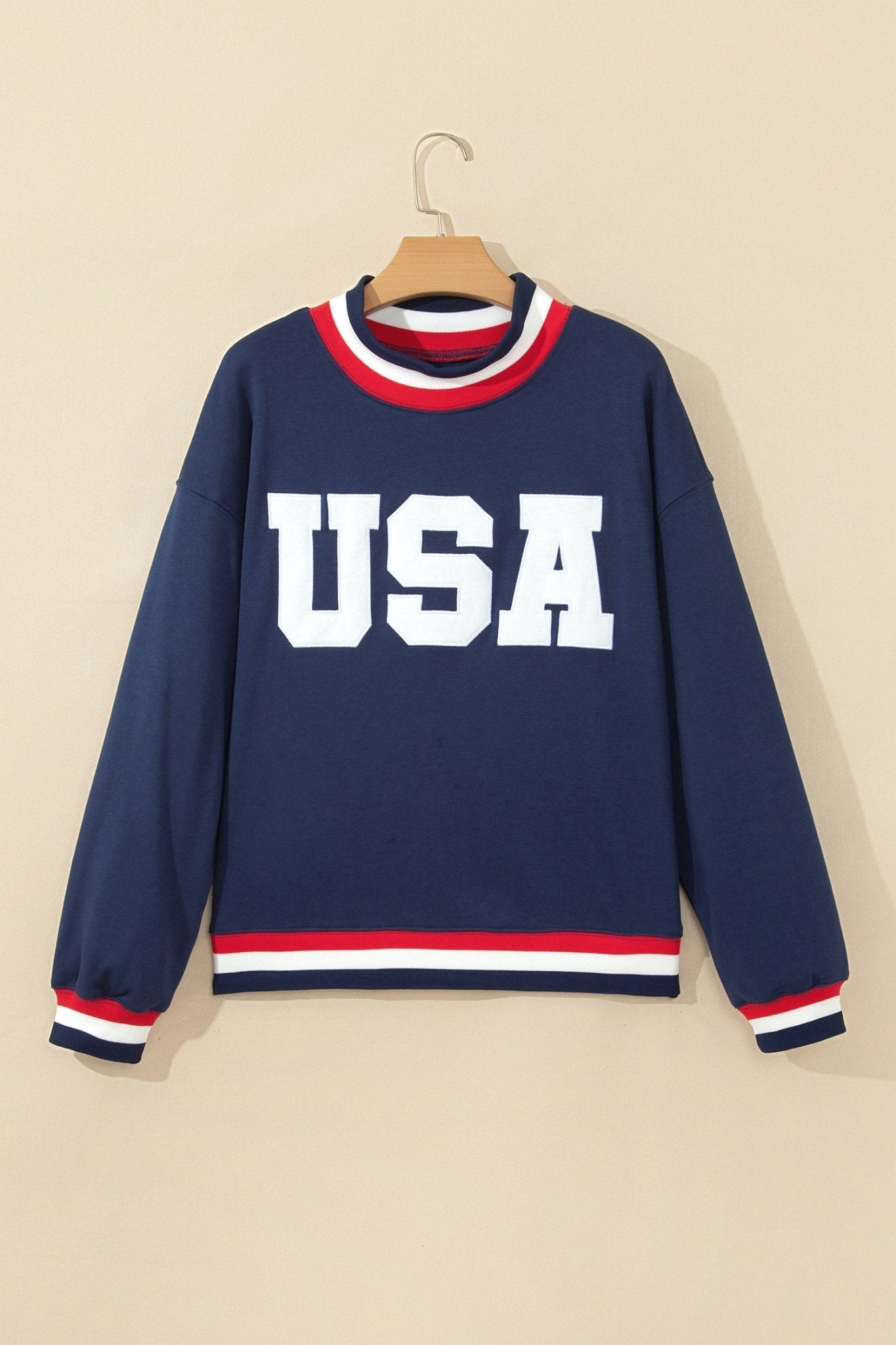 USA Slogan Patch Embroidery Colorblock High Neck Sweatshirt - Rooted & Reckless Co.