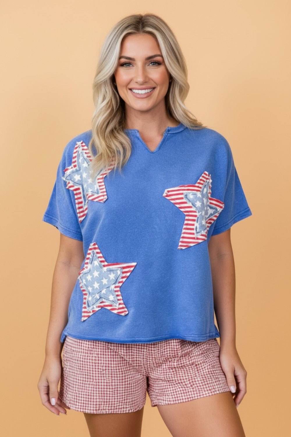 USA Star Patchwork Mineral Wash Notched Neck Tee - Rooted & Reckless Co.