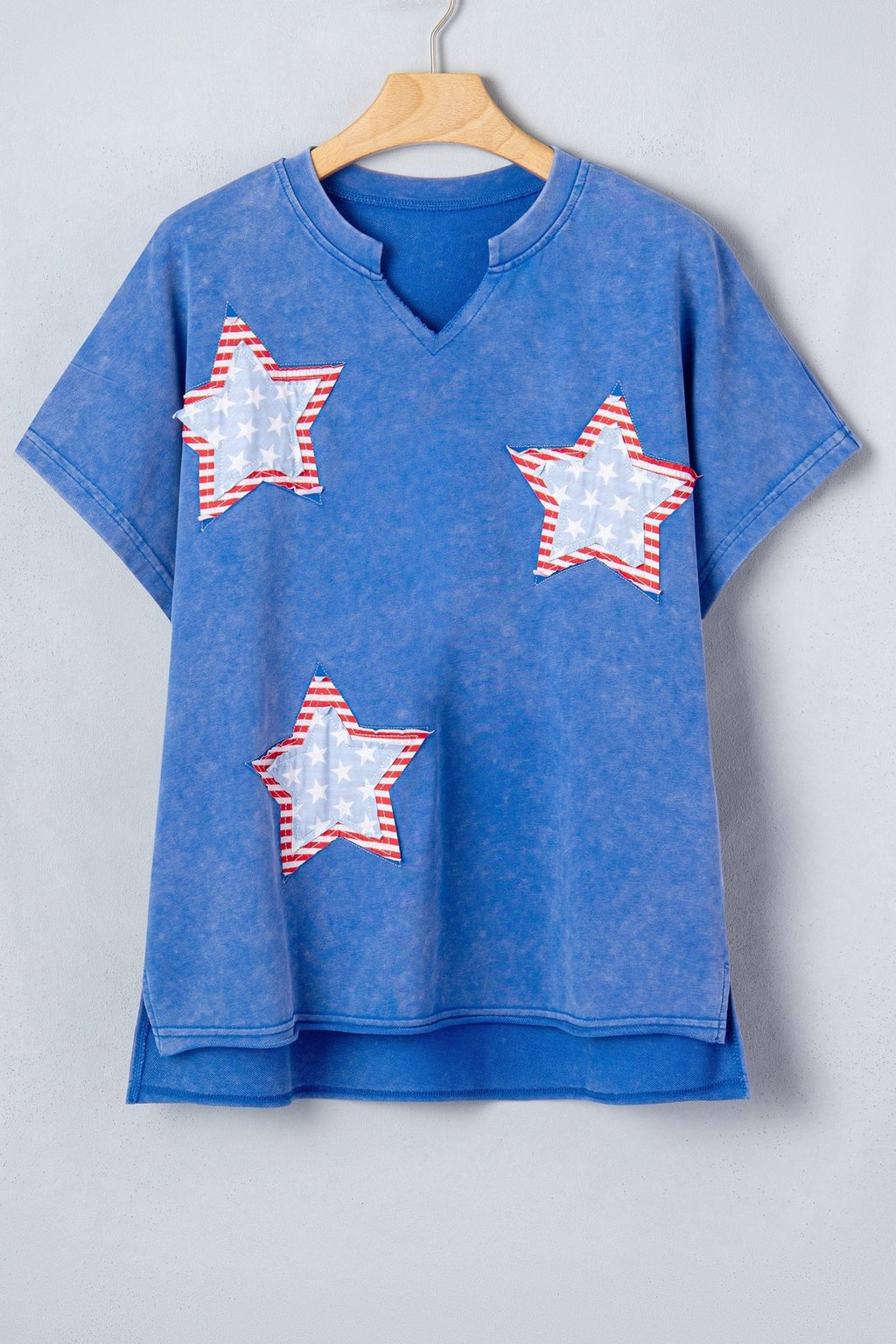 USA Star Patchwork Mineral Wash Notched Neck Tee - Rooted & Reckless Co.
