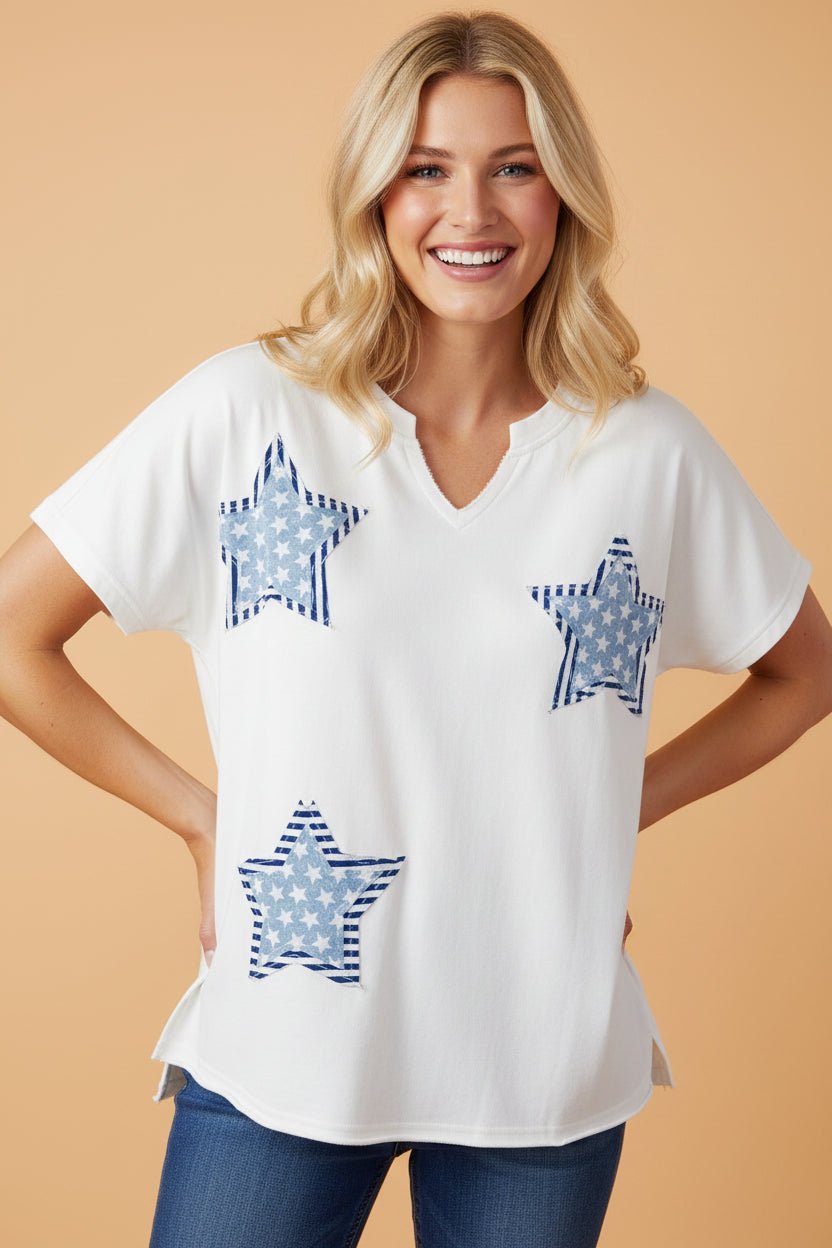 USA Star Patchwork Mineral Wash Notched Neck Tee - Rooted & Reckless Co.