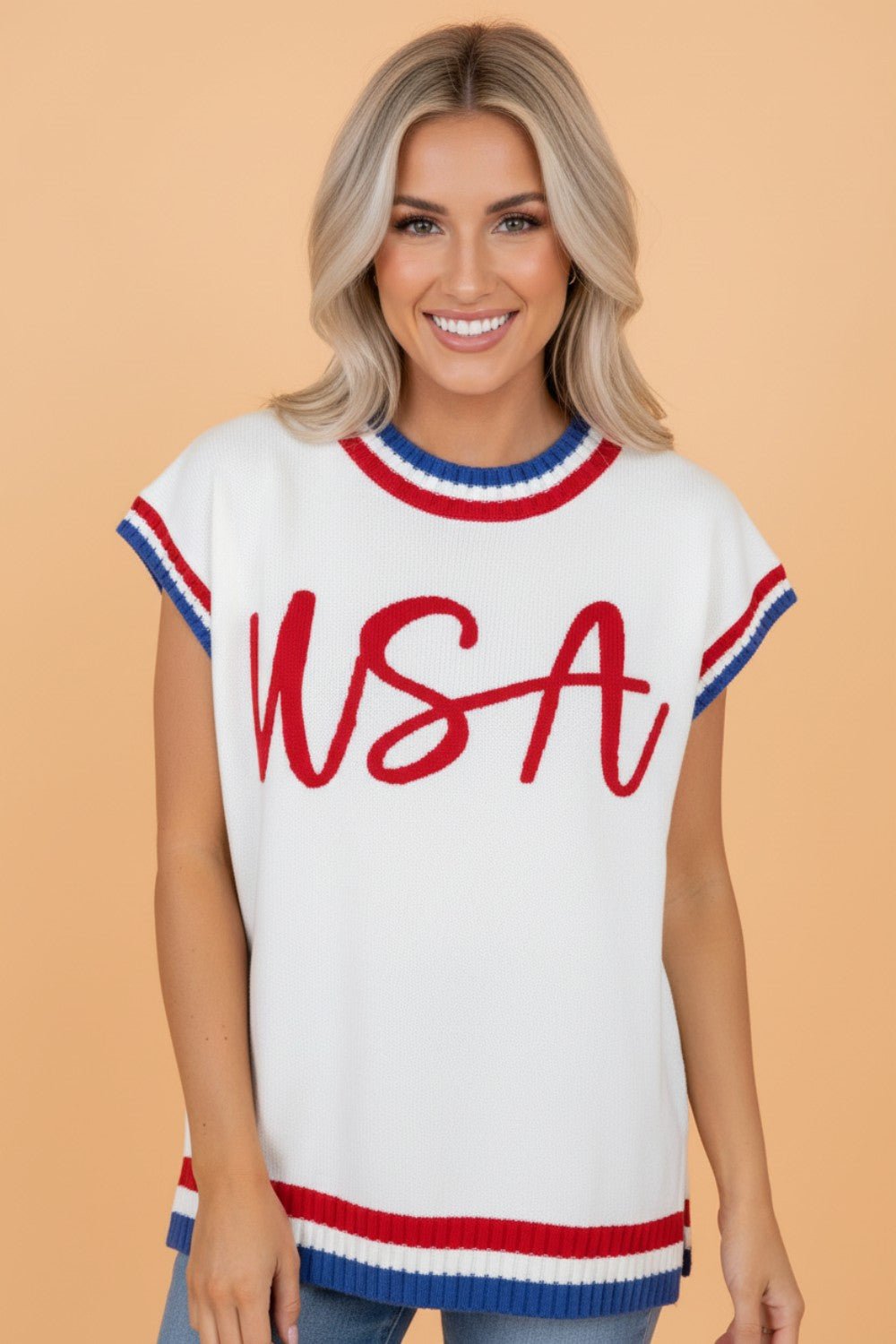 USA Stripe Contrast Trim Short Sleeve Sweater - Rooted & Reckless Co.