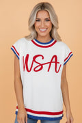 USA Stripe Contrast Trim Short Sleeve Sweater - Rooted & Reckless Co.
