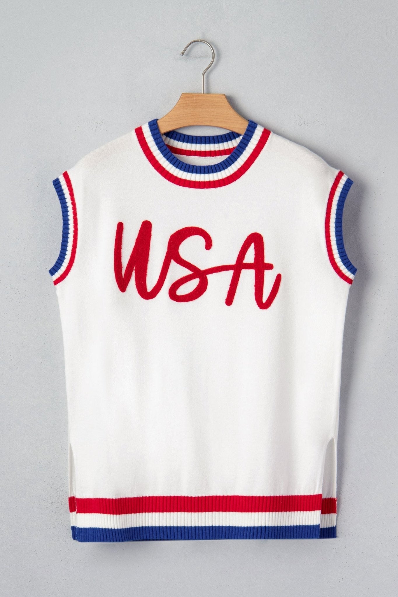 USA Stripe Contrast Trim Short Sleeve Sweater - Rooted & Reckless Co.
