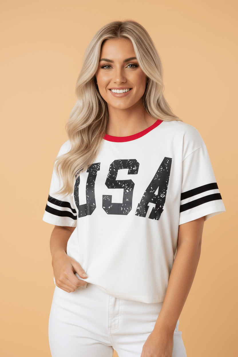 USA Varsity Stripe Trim Short Sleeve Tee - Rooted & Reckless Co.