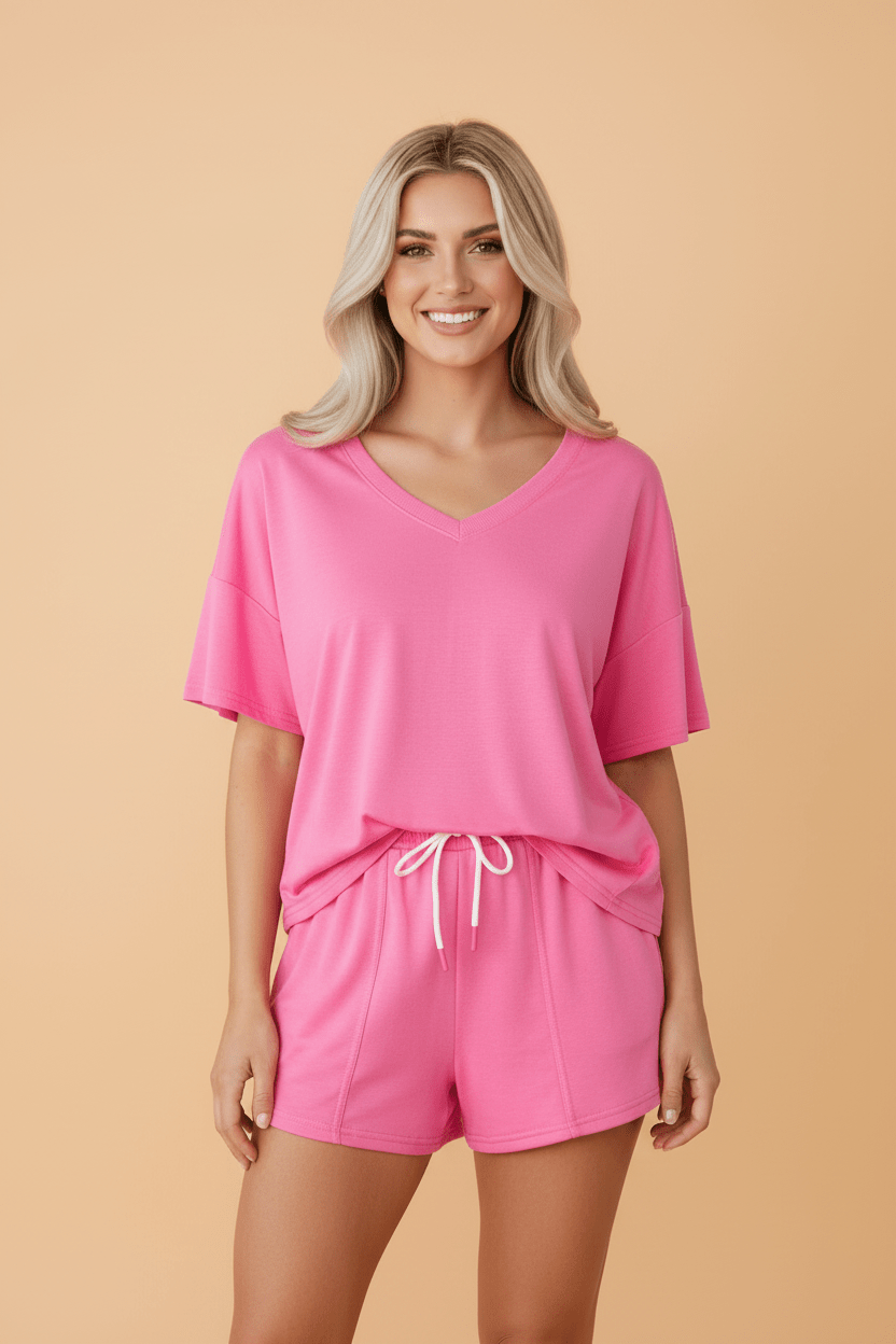 V-Neck Drop Shoulder Tee & Patchwork Drawstring Shorts Set - Rooted & Reckless Co.
