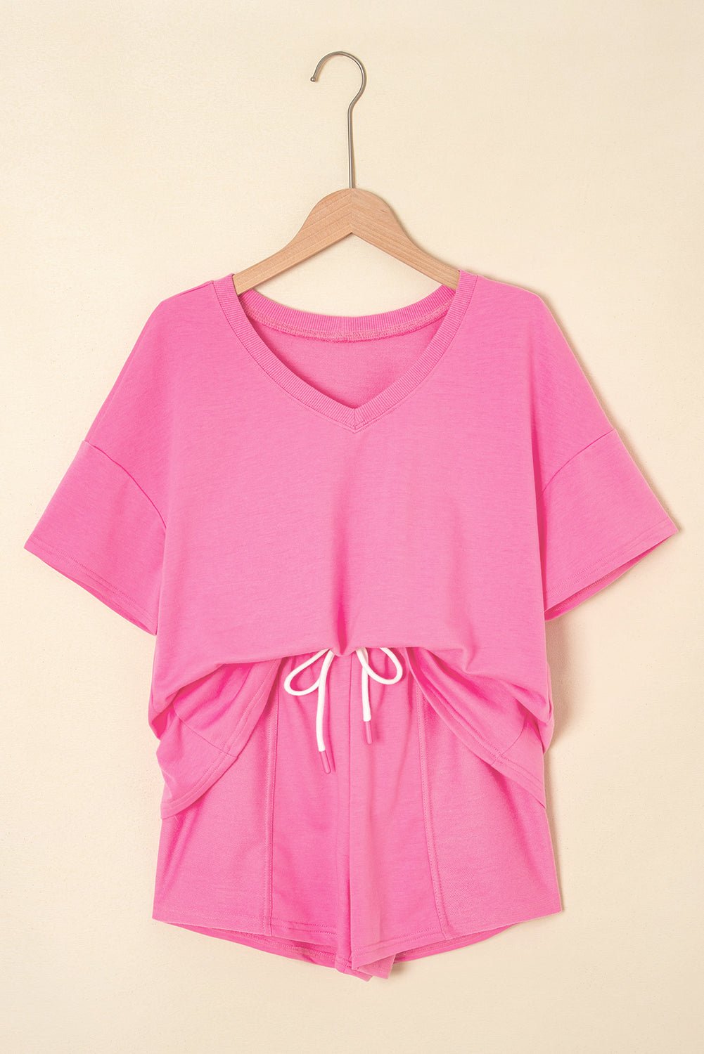 V-Neck Drop Shoulder Tee & Patchwork Drawstring Shorts Set - Rooted & Reckless Co.