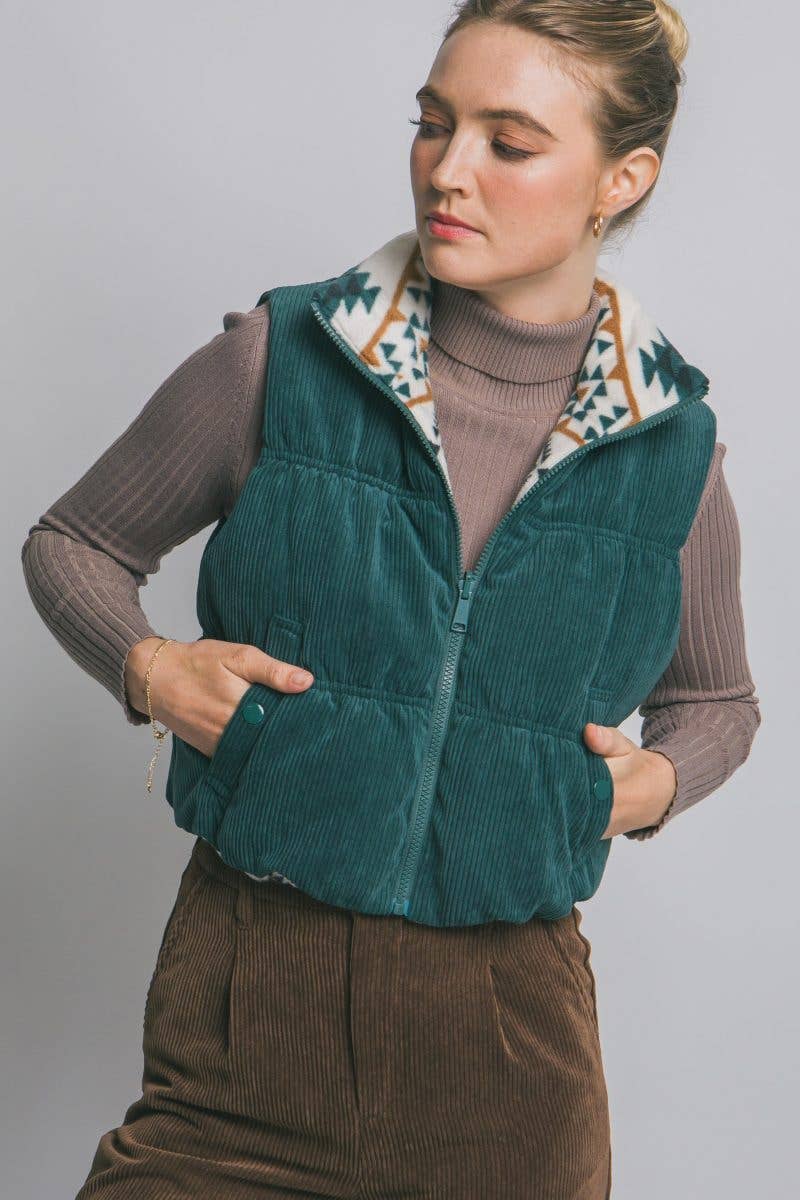 Vanilla Monkey Reversible Cropped Corduroy Puffer Western Vest — Two-Sided Designs with Zip-Up Closure (black available) - Rooted & Reckless Co.