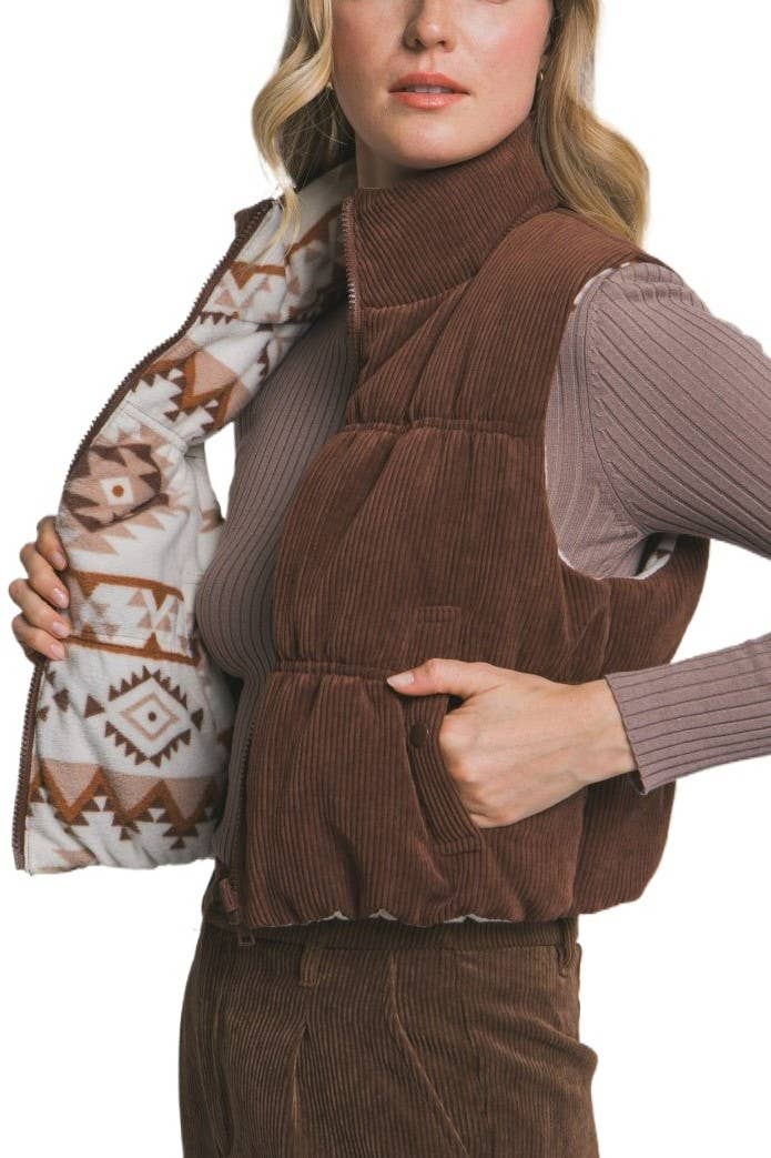 Vanilla Monkey Reversible Cropped Corduroy Puffer Western Vest — Two-Sided Designs with Zip-Up Closure (black available) - Rooted & Reckless Co.